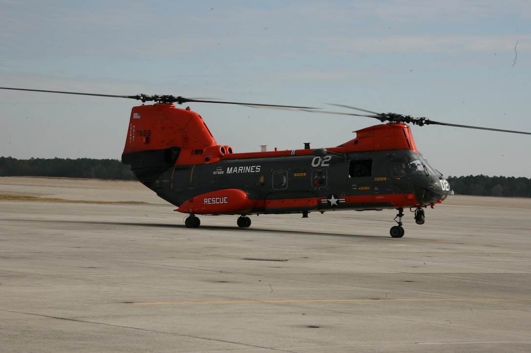 An HH-46E helicopter affectionately known as Pedro is prepared by a Marine Transport Squadron 1 crew to take off prior to search and rescue training missions just off the coast of eastern North Carolina. According to Gunnery Sgt. William B. Cordoza, the quality assurance chief for VMR-1, search and rescue Marines perform this type of training at least two or three times a month.