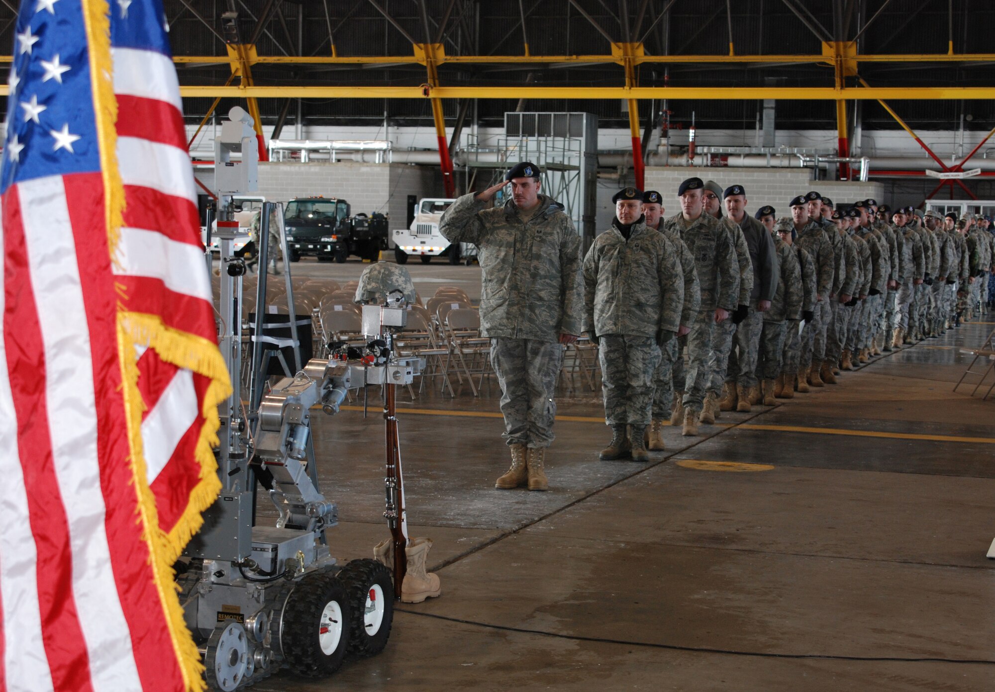 Scott Air Force personnel pay tribute to the 932nd Airlift Wing's Tech. Sgt. Anthony C. Campbell, Jr., following a memorial service Jan. 9 in Hangar 1 at Scott AFB. Sergeant Campbell was killed in action in Afghanistan Dec. 15.