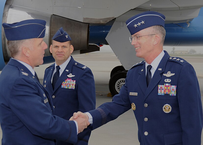Colonel John C. Flournoy, Jr., Commander, 349th Air Mobility Wing, greets Lieutenant General Paul J. Selva, Assistant to the Chairman of the Joint Chiefs of Staff upon his arrival at Travis AFB, CA. Lieutenant General Selva was traveling with Secretary of State Hillary Rodham Clinton in route to the South Pacific region.  Also shown, Colonel James C. Vechery, 60 AMW Wing Commander, Travis AFB CA 
U.S. Air Force Photo by David W. Cushman, DAFC

