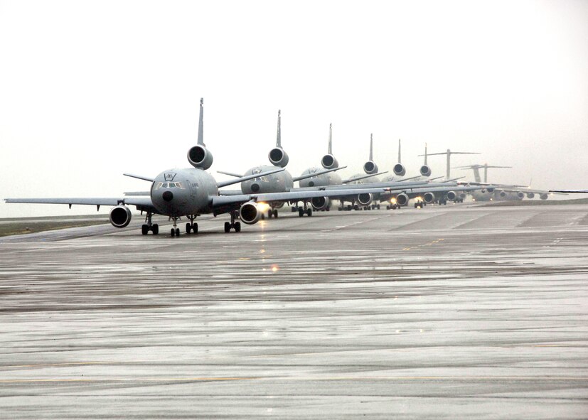 On 21 December 2009 Travis Air Force Base executed a mass aircraft launch.  Nine cargo aircraft took part in the exercise.  Including six KC-10 Extender's, two C-17 Globemaster's and one C-5 Galaxy. (U.S. Air Force photo by Civ/Amanda Lopez)  
