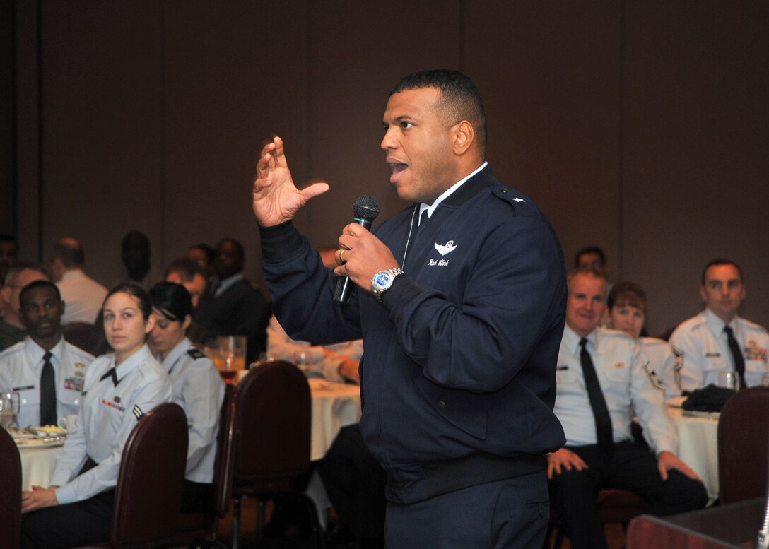 Brigadier General Richard M. Clark, 8th Air Force Vice Commander, addresses Beale Air Force Base Airmen, civilian employees, and civic leaders at the annual Martin Luther King Day Observance on Monday, January 11, 2010, at the Recce Point Club on base.  