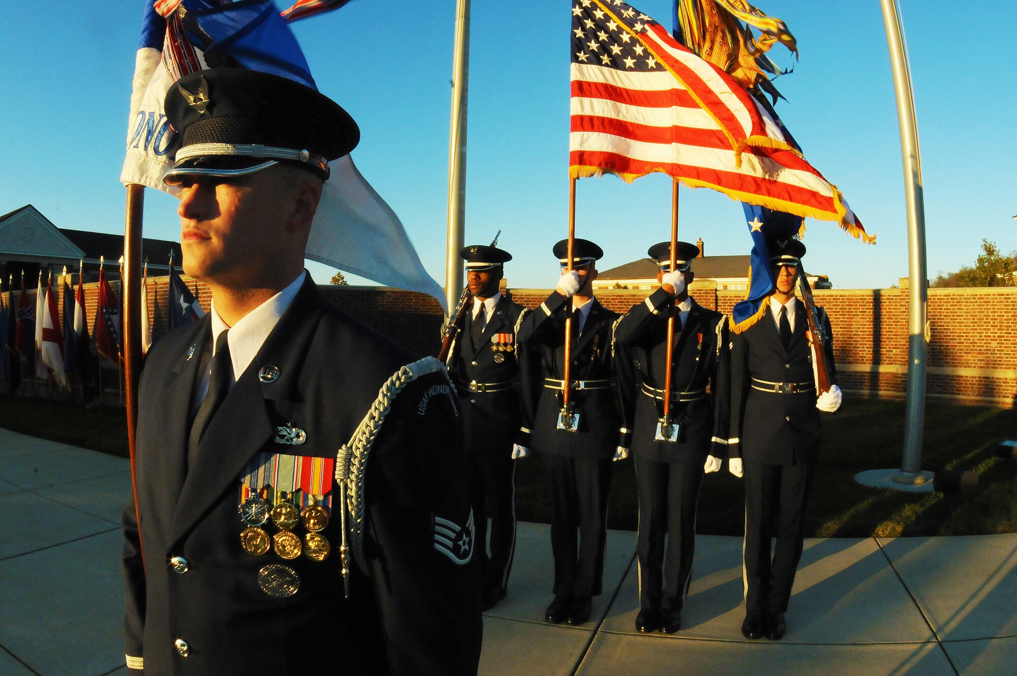 A color guard element trains on the Air Force Honor Guard ceremonial lawn Dec. 17, 2009, at Bolling Air Force Base, D.C. (U.S. Air Force photo/Airman 1st Class Katherine Windish)