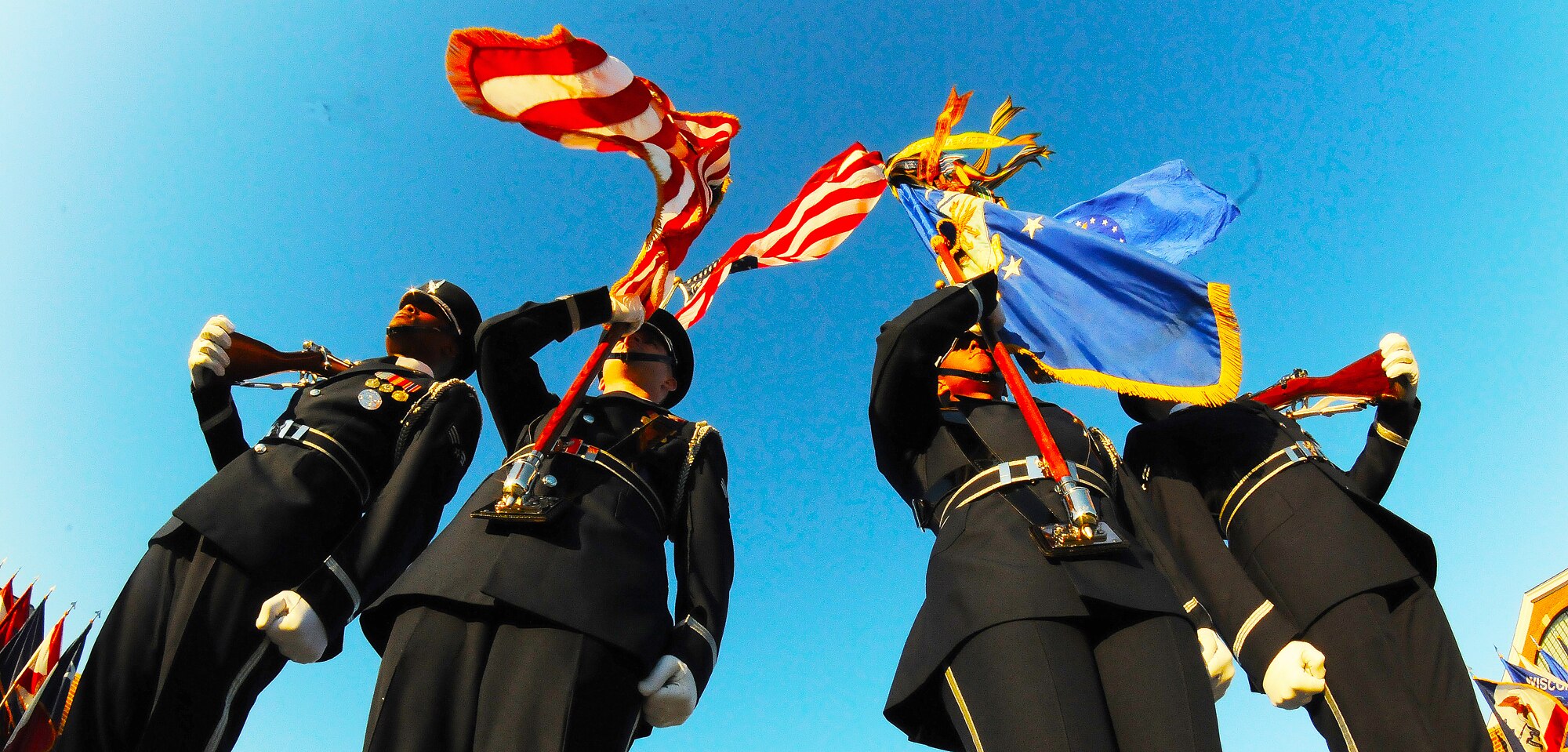 A color guard element trains on the Air Force Honor Guard ceremonial lawn Dec. 17, 2009, at Bolling Air Force Base, D.C. The team's responsibilities include executing military honors for fallen Airmen at Arlington National Cemetery, Va., retirements, promotions, ceremonies at the Tomb of the Unknowns, state dinners and presidential inaugurations. (U.S. Air Force photo/Airman 1st Class Katherine Windish)
