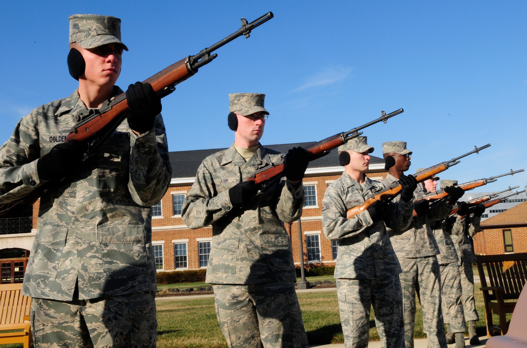 A U.S. Air Force Honor Guard Firing Party charges their weapons during a practice session Jan. 7 at the U.S. Air Force Honor Guard compound. The Firing Party performs the firing of three volleys at military funerals. These rifle teams, usually consisting of an odd number of three to seven members, fire three blank rounds in perfect unison to honor fallen service members. There are currently 60 Honor Guard members whose primary qualification is Firing Party, and teams perform at anywhere from 1,200-1,500 funerals a year. (U.S. Air Force photo by Airman 1st Class Susan Moreno)
