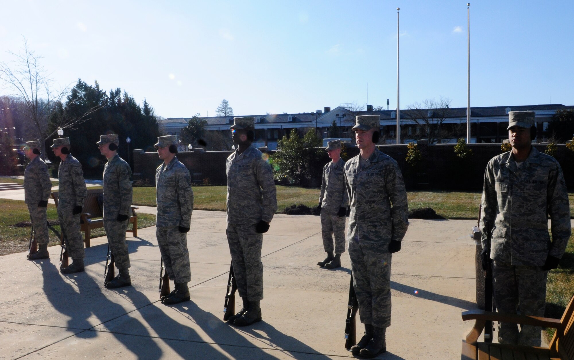 Airman 1st Class Zach Odom, U.S. Air Force Honor Guard Firing Party, calls commands during a practice session Jan. 7 at the U.S. Air Force Honor Guard compound. The Firing Party performs the firing of three volleys at military funerals. These rifle teams, usually consisting of an odd number of three to seven members, fire three blank rounds in perfect unison to honor fallen service members. There are currently 60 Honor Guard members whose primary qualification is Firing Party, and teams perform at anywhere from 1,200-1,500 funerals a year. (U.S. Air Force photo by Airman 1st Class Susan Moreno)