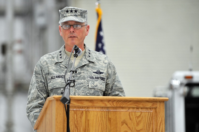 Lt. Gen. Robert Allardice delivers his opening remarks during the 628th Air Base Wing activation ceremony here Jan. 8. The general highlighted Charleston AFB's role in the local community and in the world as a contributor to global air mobility. General Allardice is the 18th Air Force commander. (U.S. Air Force photo/Staff Sgt. Marie Brown)