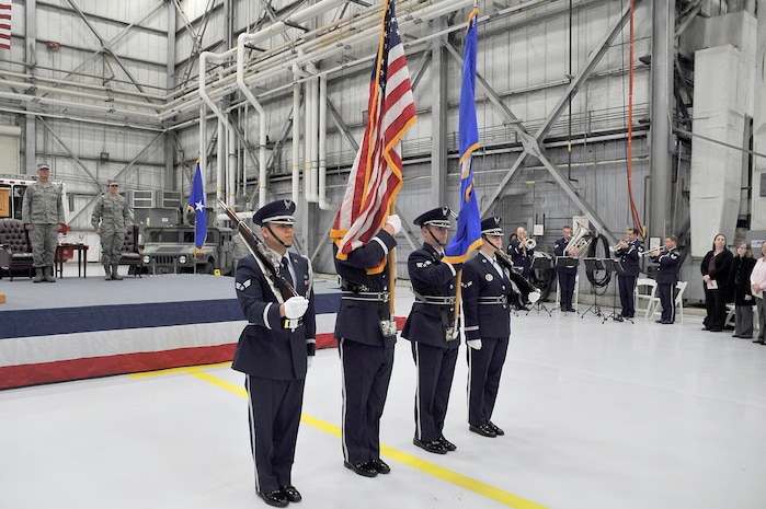Charleston AFB honor guard members post the colors at the start of the 628th Air Base Wing activation ceremony here Jan. 8. Posting of the colors is a longstanding military tradition and is performed at formal military functions. The assumption of command served as a key moment in Charleston AFB's ongoing transition into Joint Base Charleston. (U.S. Air Force photo/Staff Sgt. Marie Brown)