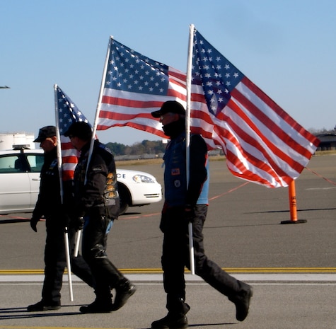 Members of the South Carolina Patriot Guard Riders were on hand to welcome home members of the 17th Airlift Squadron on the flightline here Jan. 3. The 17 AS returned home from their 120-day deployment in the Middle East where they supported Operations Iraqi and Enduring Freedom as well as the Horn of Africa.(U.S. Air Force photo/Trisha Gallaway)