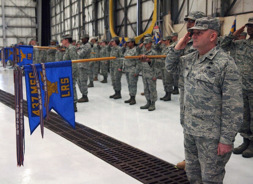 Lt. Col. Stevan Kaighen leads the 437th Logistics Readiness Squadron with a salute during the national anthem at the 628th Air Base Wing assumption of command ceremony here Jan. 8. With the activation of the 628 ABW, the 437 LRS became the 628th Logistics Readiness Squadron. Colonel Kaighen is the 628 LRS commander. (U.S. Air Force photo/Airman 1st Class Lauren Main)