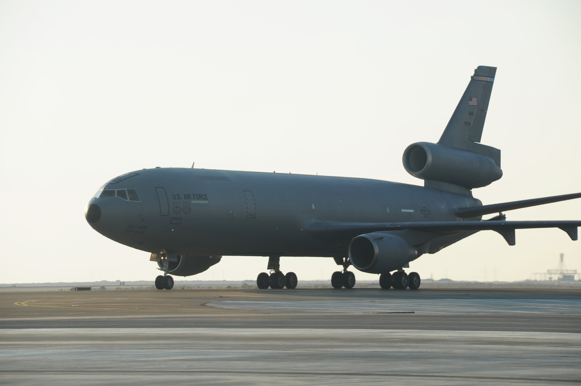 A KC-10 Extender deployed from Joint Base McGuire-Dix-Lakehurst, N.J., returns from a combat air refueling mission at a non-disclosed base in Southwest Asia on Jan. 6, 2010. The KC-10, assigned to the 908th Expeditionary Air Refueling Squadron, is one of Air Mobility Command's air refueling aircraft deployed to the U.S. Central Command area of responsibility that provides the "global reach" for Air Force and Department of Defense aircraft through air refueling operations for Operations Iraqi Freedom and Enduring Freedom and the Combined Joint Task Force-Horn of Africa.  This KC-10 is assigned to the 908th Expeditionary Air Refueling Squadron of the 380th Air Expeditionary Wing.  (U.S. Air Force Photo/Tech. Sgt. Scott T. Sturkol/Released)