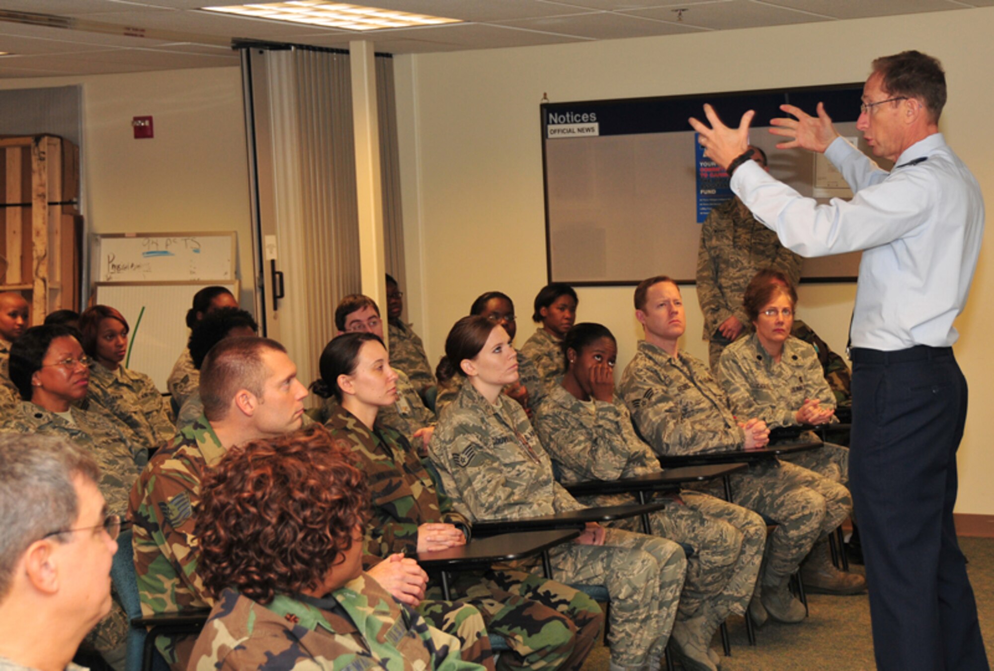 Maj. Gen. James T. Rubeor, commander, 22nd Air Force holds a question and answer session with members of the 94th Aeromedical Staging Squadron Jan. 10. General Rubeor visited the 94th Airlift Wing during its Jan. Unit Training Assembly. (U.S. Air Force photo: Tech. Sgt. Nicholas Ontiveros)