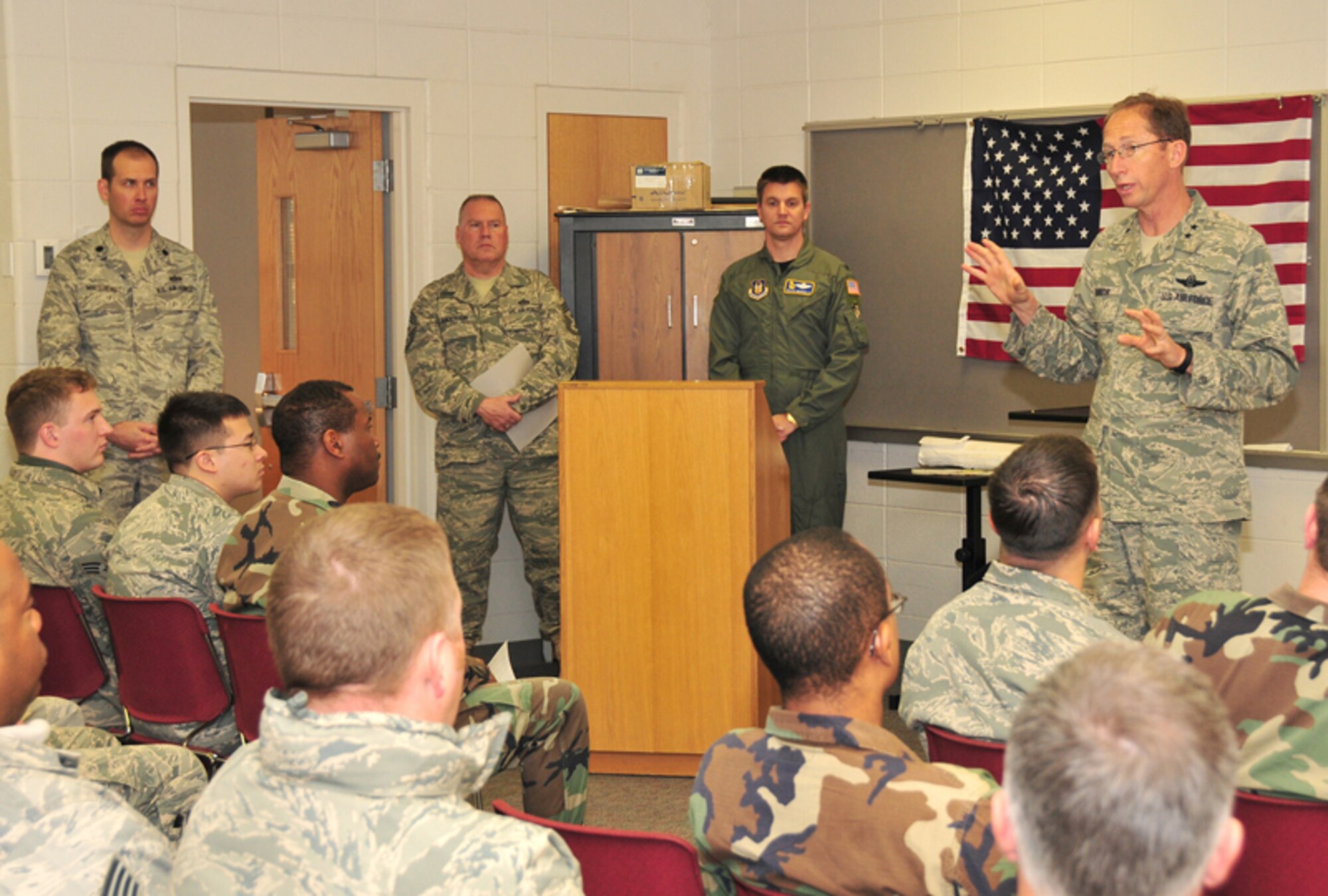 Maj. Gen. James T. Rubeor, commander, 22nd Air Force visited the Airmen of the 94th Civil Engineering Squadron during their Jan. 9 during their Unit Training Assembly as part of his commitment to visit every unit in the 22nd Air Force and ensure everyone has the necessary facilities and training they need to complete their mission. (U.S. Air Force photo: Tech. Sgt. Nicholas Ontiveros)