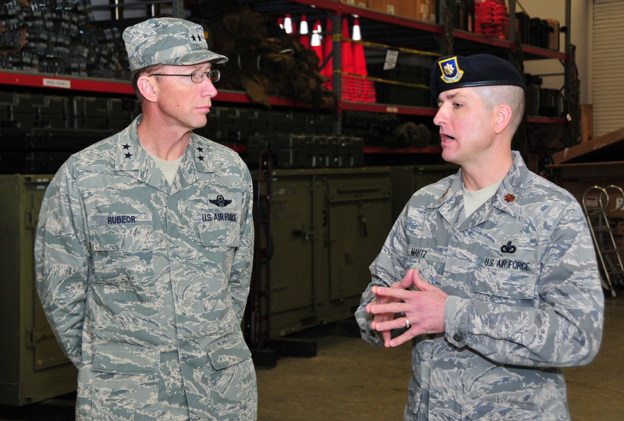 Maj. Timothy H. Martz, commander,  94th Security Forces Squadron welcomes Maj. Gen. James T. Rubeor, commander, 22nd Air Force and gives him a brief overview of the 94th SFS Jan. 9. General Rubeor also assisted Major Martz with an open ranks inspection of 94th SFS members. (U.S. Air Force photo: Tech. Sgt. Nicholas Ontiveros)