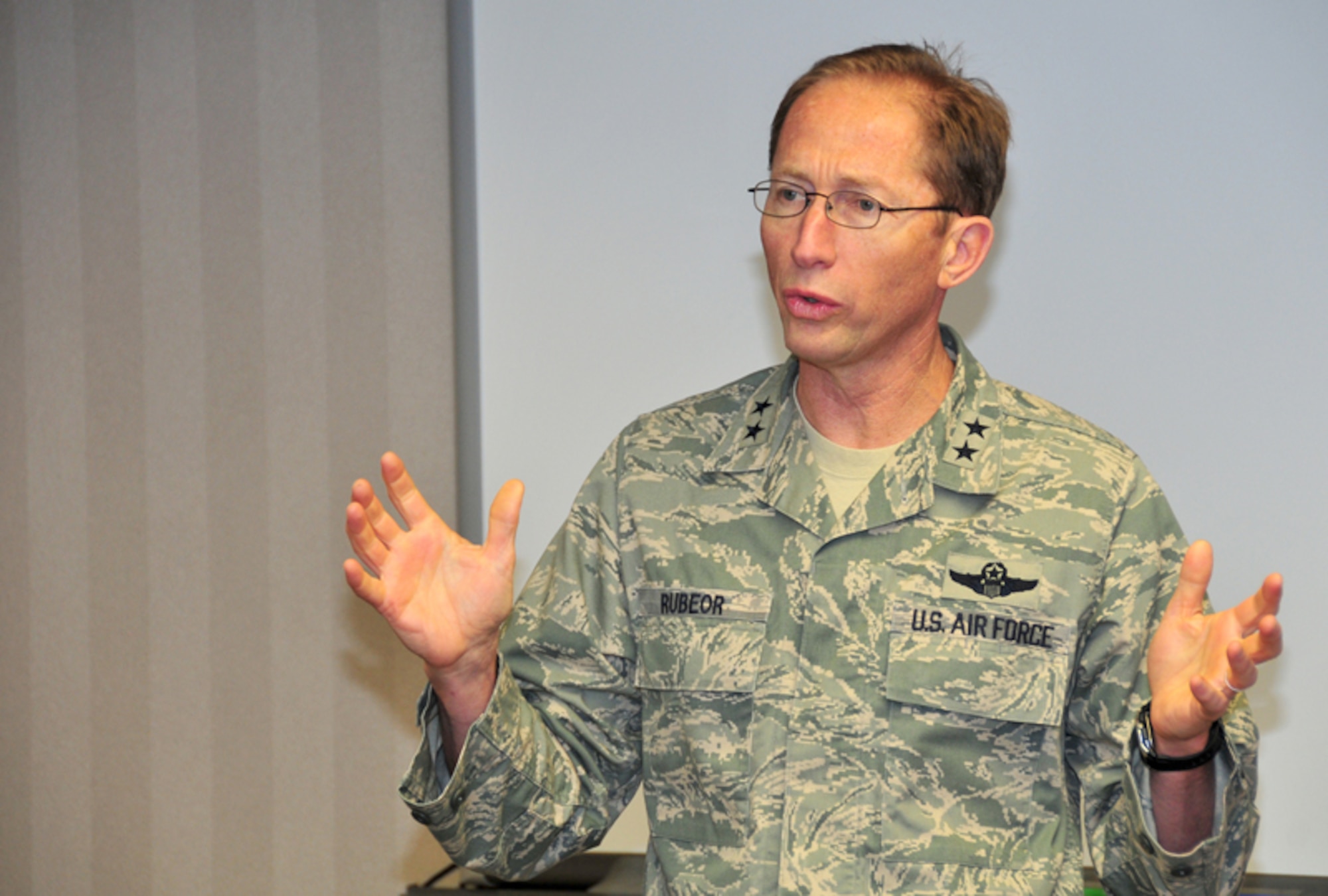 Maj. Gen. James T. Rubeor, commander, 22nd Air Force visited the Airmen of the 94th Airlift Wing during the Jan. Unit Training Assembly as part of his commitment to visit every unit in the 22nd Air Force and ensure everyone has the necessary facilities and training they need to complete their mission. (U.S. Air Force photo: Tech. Sgt. Nicholas Ontiveros)