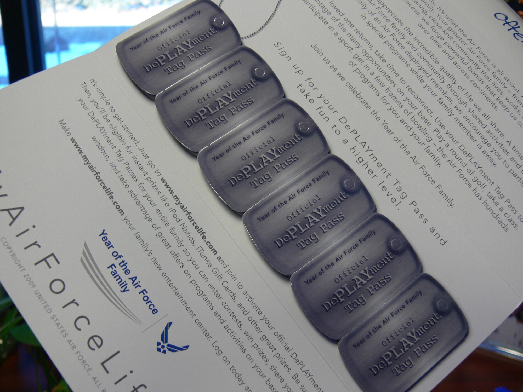 The Peterson Airman and Family Readiness Center is now issuing “dePLAYment tags” to family members of deployed Airmen. The tags can be used for free or reduced-priced youth and family programs, including karate lessons, golf, and child care. Family members should bring copies of their deployed member’s temporary duty orders to the A&FRC, Building 350, to pick up tags. The program is part of the Year of the Air Force Family campaign and runs now through July 31. (Courtesy photo)