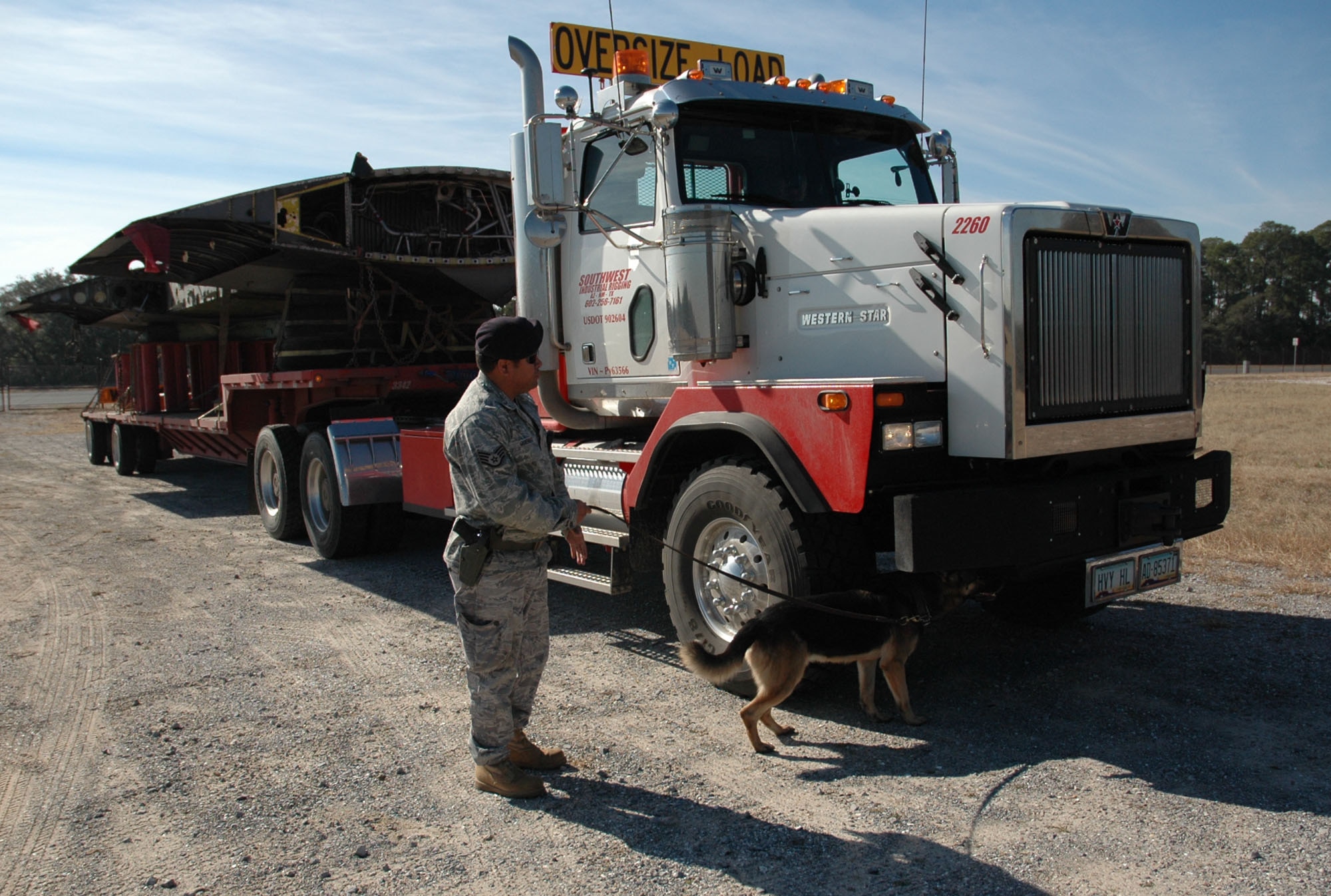 Staff Sgt. Pedro Guerrero, 1st Special Operations Security Forces Squadron, handles Britta, a military working dog, as she inspects a flatbed tractor trailer that delivered the wing section of a C-130 at Hurlburt Field, Jan. 13. The wings and fuselage will be used as a simulator for ground, loading and maintenance training to reduce the burden of using flightline airframes for most of these tasks.  (Air Force photo by Airman 1st Class Joe McFadden)


