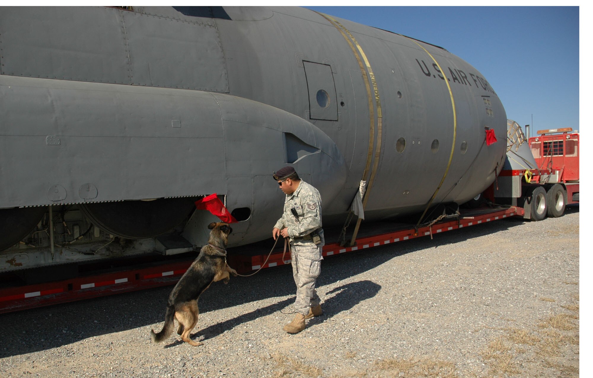 Staff Sgt. Pedro Guerrero, 1st Special Operations Security Forces Squadron, handles Britta, a military working dog, as she inspects a C-130 fuselage at Hurlburt Field, Jan. 13. The fuselage and wing section were delivered by two flatbed tractor trailers on Highway 98.  (Air Force photo by Airman 1st Class Joe McFadden)

