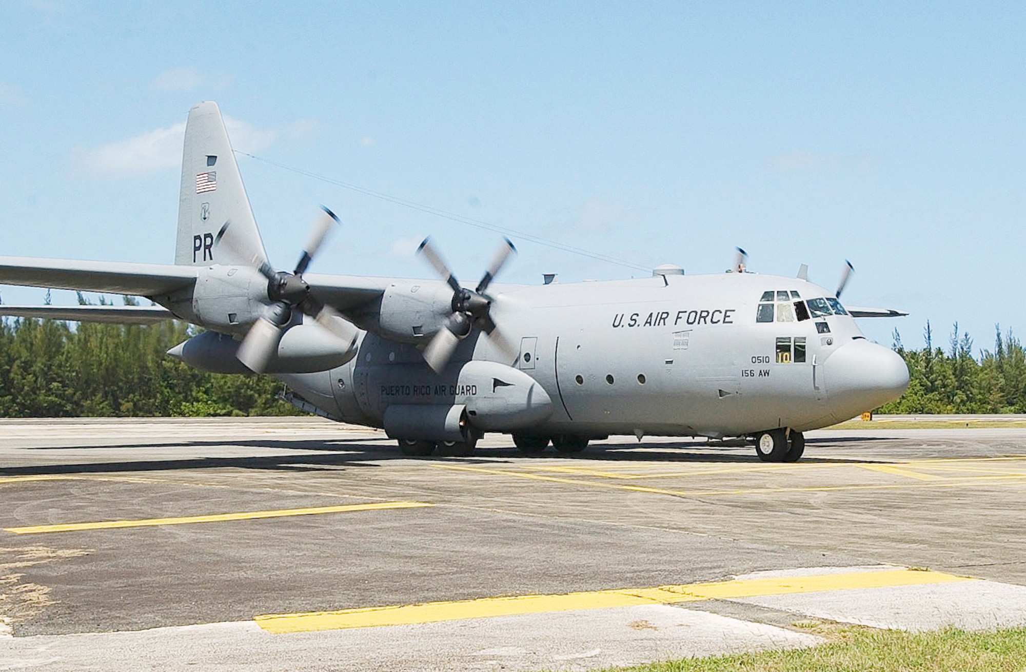 A C-130 Hercules from the Puerto Rico Army National Guard prepares to takeoff in 2007. Puerto Rico Air Guard officials have called up two C-130 aircraft from the 156th Airlift Wing with 21 support personnel to assist with humanitarian aid in Haiti. (U.S. Air Force photo/Staff Sgt. Jim Greenhill)

