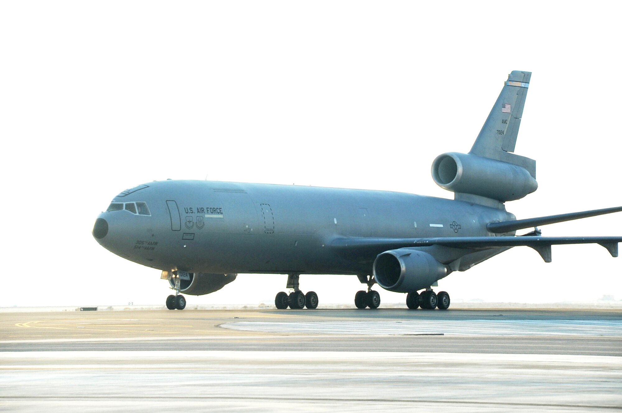 A KC-10 Extender comes in for a landing at an air base in Southwest Asia Jan. 6, 2010, after completing a combat air refueling mission. This KC-10 is assigned to the 908th Expeditionary Air Refueling Squadron of the 380th Air Expeditionary Wing. (U.S. Air Force photo/Tech. Sgt. Scott T. Sturkol)