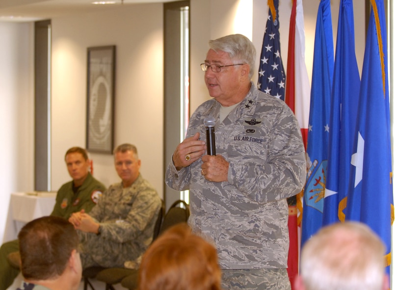 Major General Doug Burnett addresses members of the 125th Fighter Wing during a Commander's Call to announce that the 125th Fighter Wing is one of the 5 bases selected as candidate operations bases for the new F-35 joint strike fighter,  125th Fighter Wing October 30, 2009, Jacksonville, Fl. (Air Force Photo by Tech. Sgt. Shelley Gill)