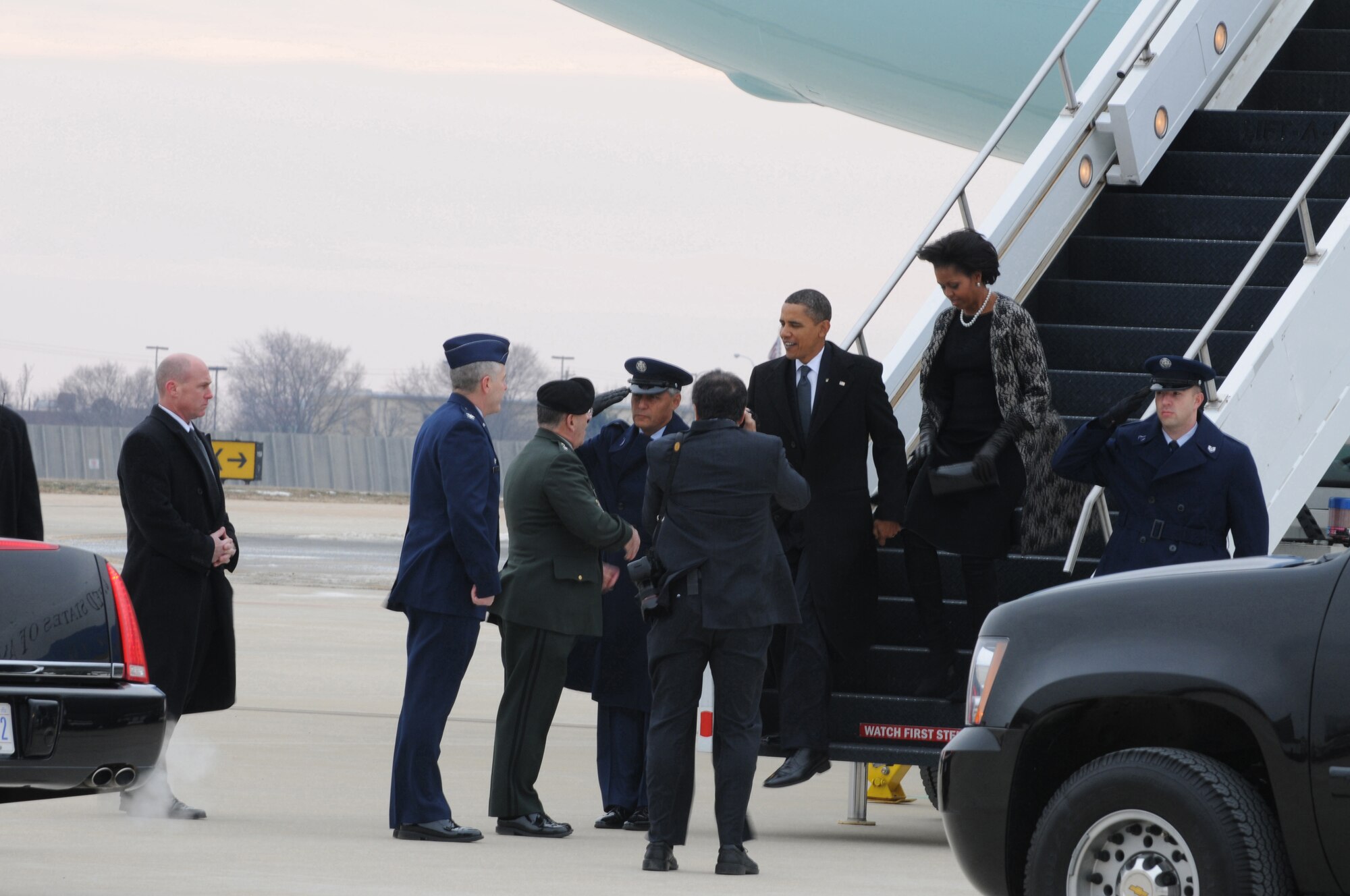 Major General Francis D. Vavala, adjutant general, Delaware National Guard and Col. Jonathan Groff, commander, 166th Airlift Wing, greet President Barack Obama and first lady Michelle Obama as they arrive at the New Castle Air Base on Tuesday. The President and First Lady were in Delaware to attend the Jan. 12 funeral services for the mother of Vice President Joseph R. Biden,  Jr. The 166th Airlift Wing provided logistical support and ramp space in support of the Presidential visit.  (U.S. Air Force photo/Senior Master Sgt. Gerald F. Dougherty)