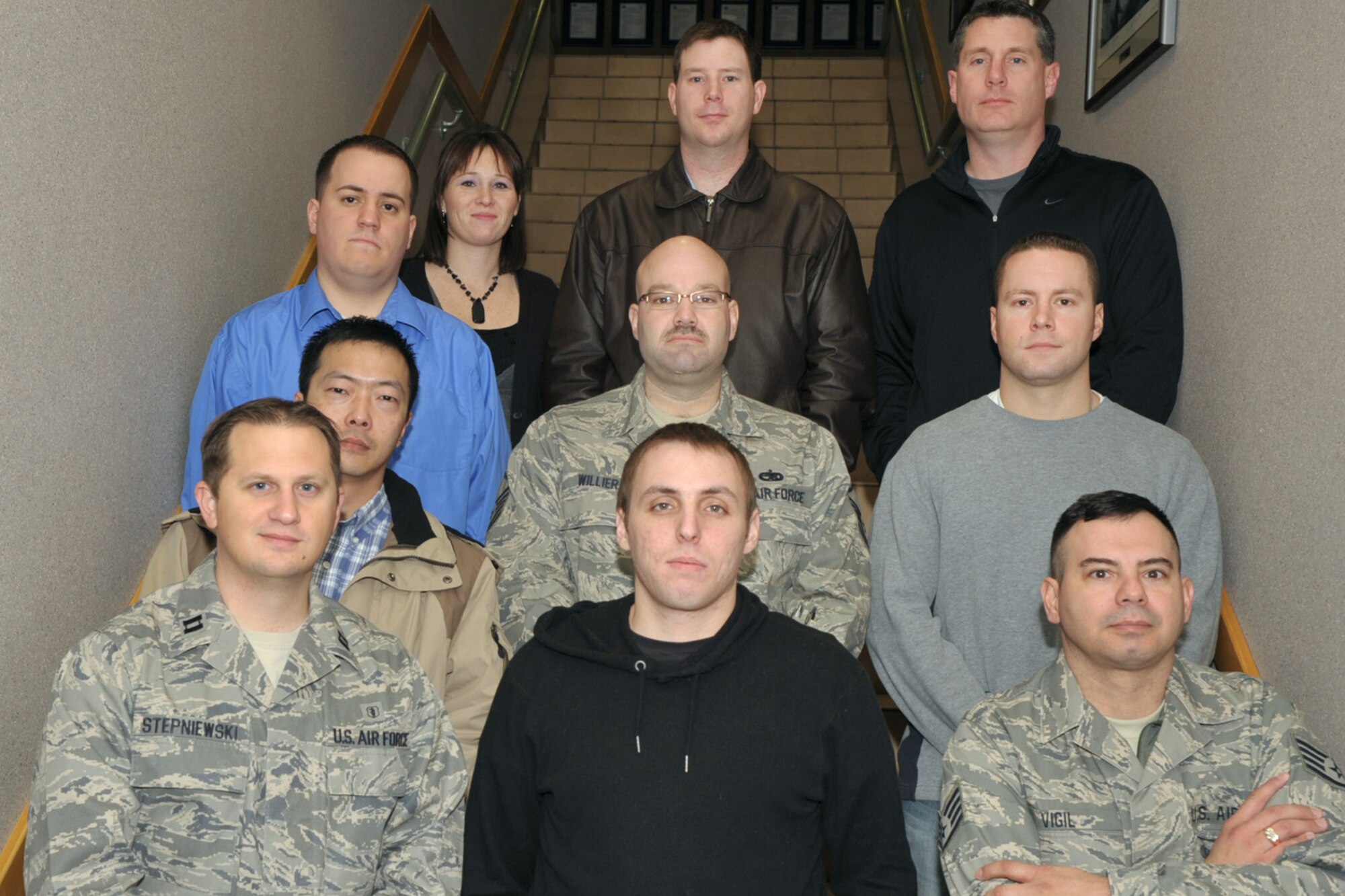 The following Airmen were welcomed to the 931st Air Refueling Group in January: (bottom row, left to right) Capt. Adam Stepniewski, Airman 1st Class Joseph Aaron, Staff Sgt. Felipe Vigil, (middle row) Senior Airman Jason Park (in tan jacket), Master Sgt. David Willier, Senior Airman Timothy Chambliss, (top row) Staff Sgt. Jeremiah Gregory (in blue shirt), Staff Sgt. Lindsay Mellan, Senior Airman Martin Newberry and Senior Airman Sean Johanson. (U.S. Air Force photo)