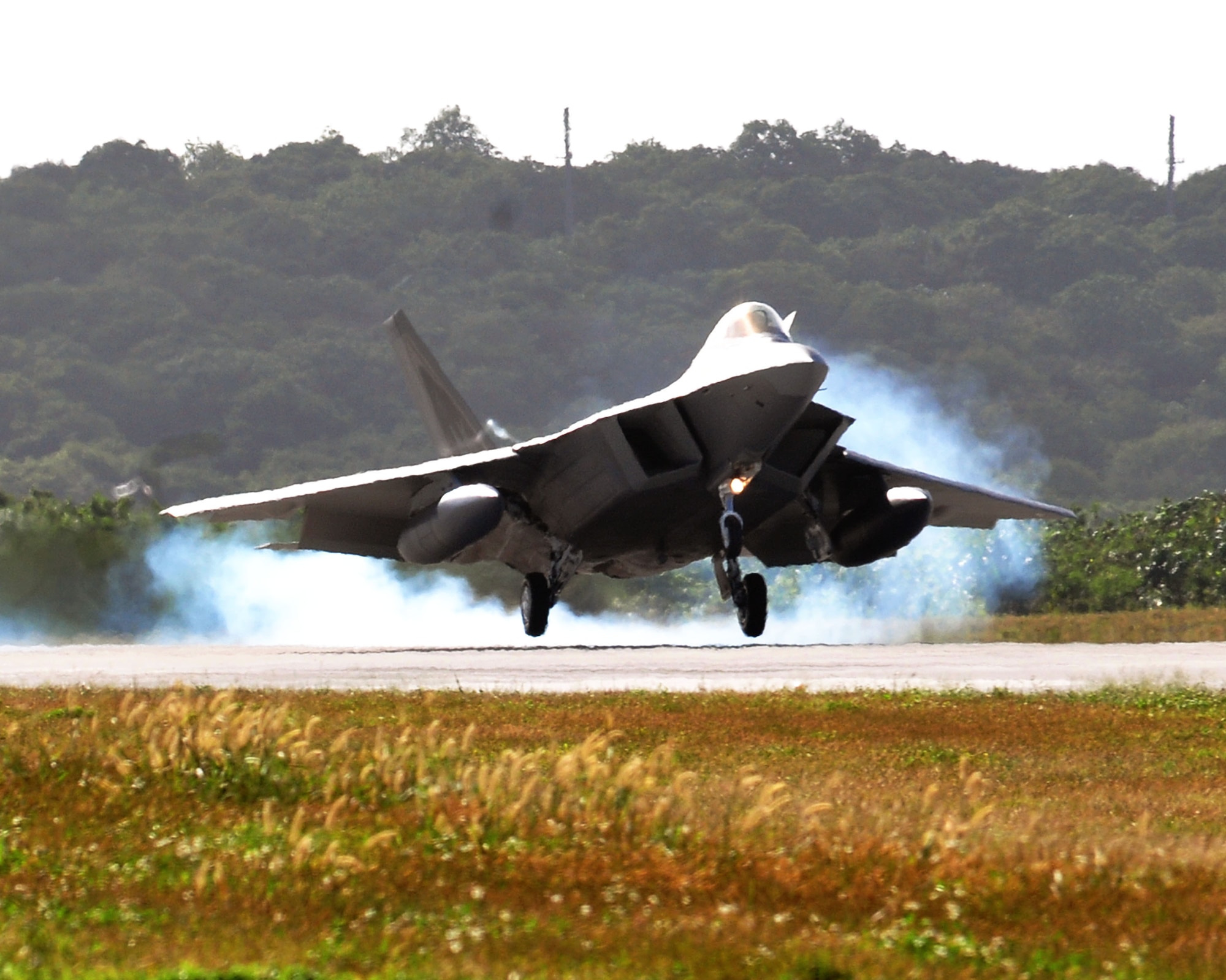 An F-22 Raptor assigned to the 90th Fighter Squadron at Elmendorf AFB, Alaska, lands at Andersen AFB. Guam, Jan. 13, 2010. The Raptor is one of fifteen from Elmendorf that are forward deployed to support the Theater Security Packages in the  Pacific region.  (U.S. Air Force photo/Airman 1st Class Julian North)