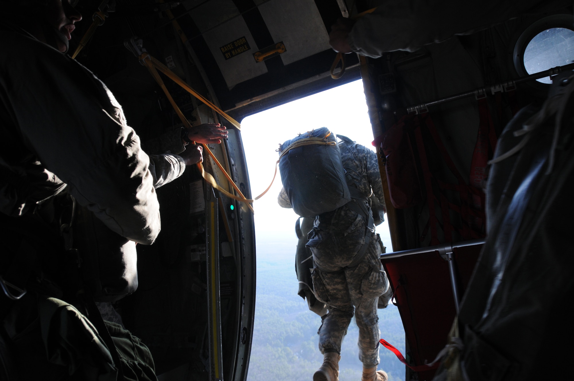 Army 3rd Ranger Battalion out of Fort Benning Georgia jump from the C-130 aircraft. This is the 107th Airlift Wing's first Army Ranger jump training operation. (AF Photo/Senior Master Sgt. Ray Lloyd) 