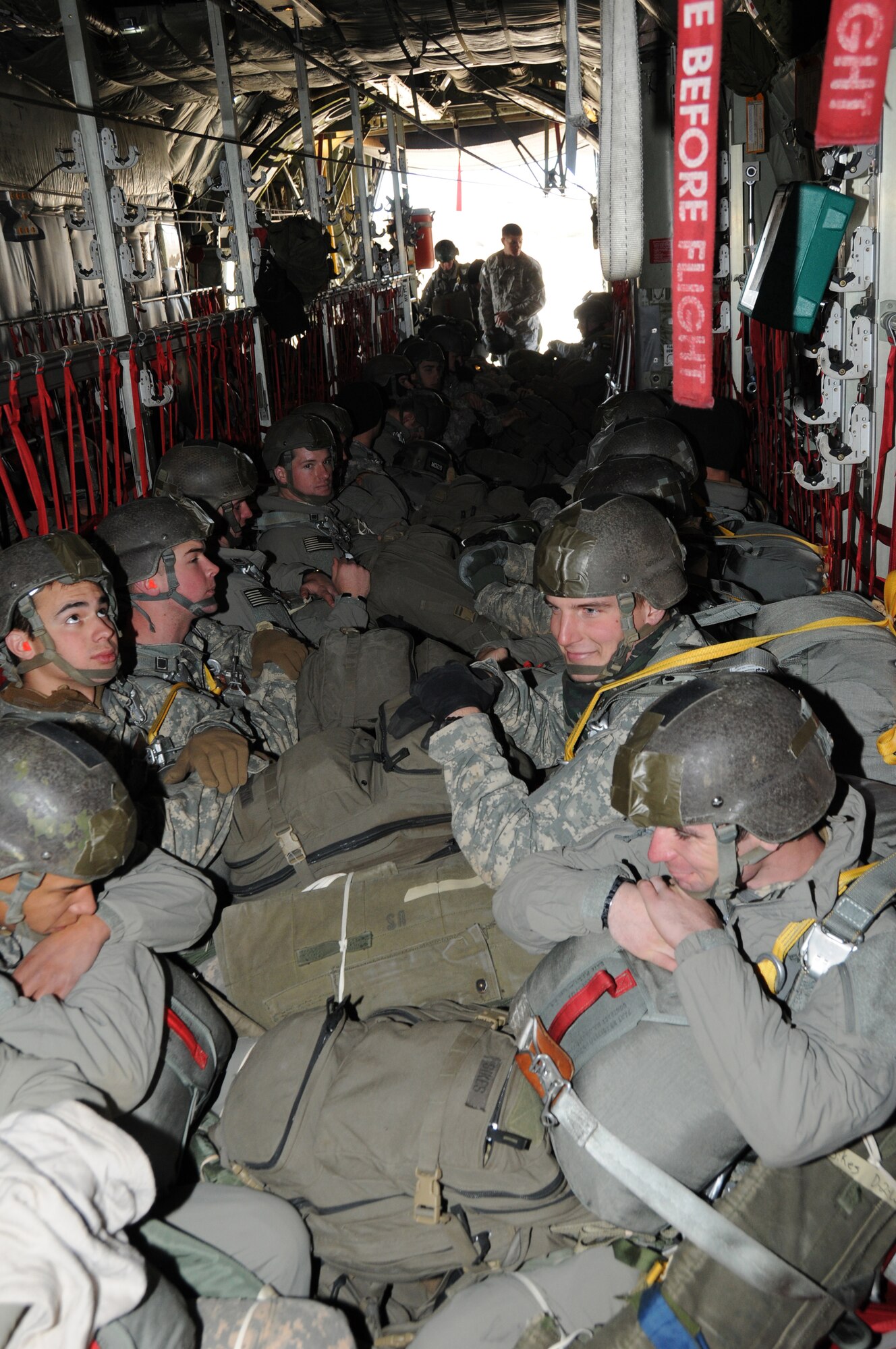 The Army 3rd Ranger Battalion out of Fort Benning Georgia all packed and ready for the  jump training.(AF Photo/Senior Master Sgt. Ray Lloyd)