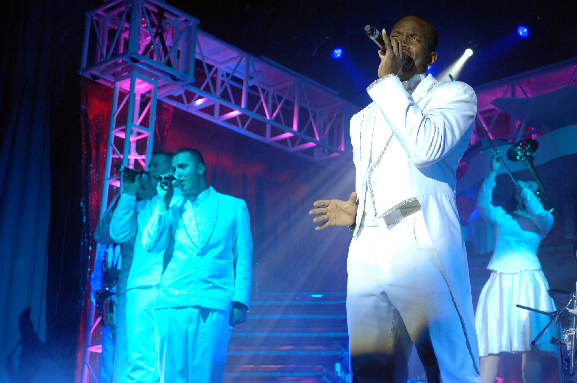 Staff Sgt. Wendall Boone opens Tops in Blue Jan. 8, 2010, Eielson Air Force Base. Alaska. Tops in Blue performed at Eielson two nights in a row, entertaining Iceman and providing an escape where performers encouraged them "to dream." Sergeant Boone is assigned to Andrews Air Force Base, Maryland. (U.S. Air Force photo/Airman 1st Class Rachelle Coleman)