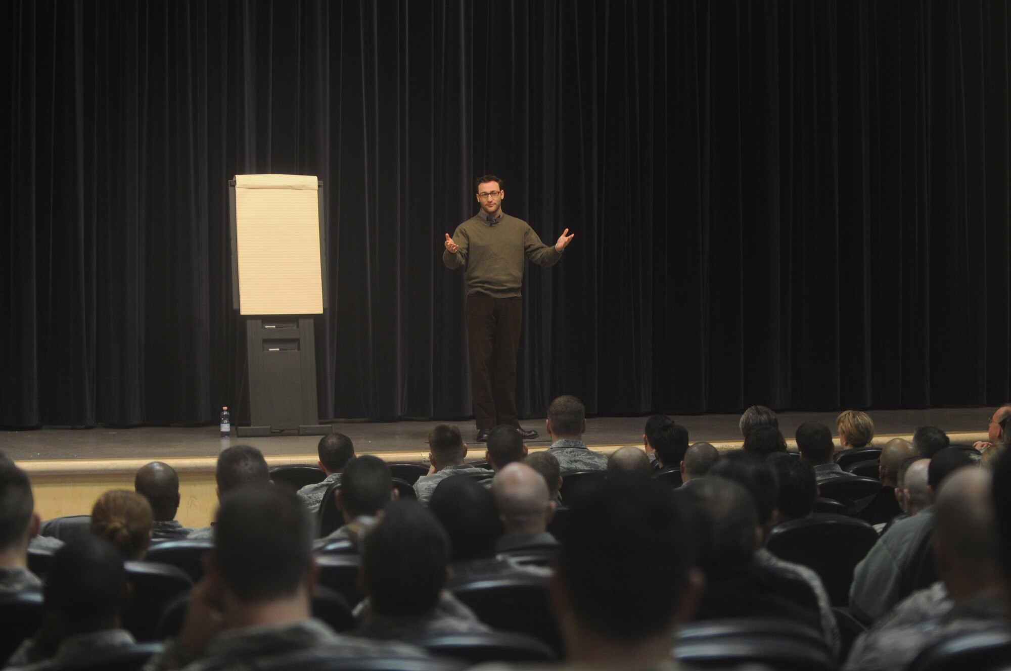 Simon Sinek, an inspirational speaker, visits Aviano AB, Jan 12, 2010, to give words of inspiration and leadership advice to 31st Fighter Wing personnel. Mr. Sinek is currently traveling to various United States Air Forces in Europe bases to inspire people to use his leadership concepts of  The Golden Circle and the power of WHY. (U.S. Air Force photo/Staff Sgt. Mercedes Crossland)