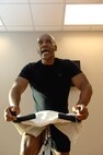 MINOT AIR FORCE BASE, N.D. -- Paul Stubbs, 5th Force Support Squadron fitness center director, motivates his spin class during the Aerobathon at the McAdoo Sports and Fitness Center here Jan. 9. The 5th FSS created the Aerobathon to introduce a variety of aerobic classes offered to base personnel. (U.S. Air Force photo by Senior Airman Michael J. Veloz)