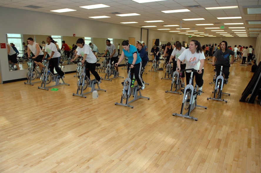 MINOT AIR FORCE BASE, N.D. -- Members of Team Minot take part in a spin class as part of the Aerobathon at the McAdoo Sports and Fitness Center here Jan. 9. The Aerobathon was a way of introducing people to the different aerobic classes offered on base. (U.S. Air Force photo by Senior Airman Michael J. Veloz)