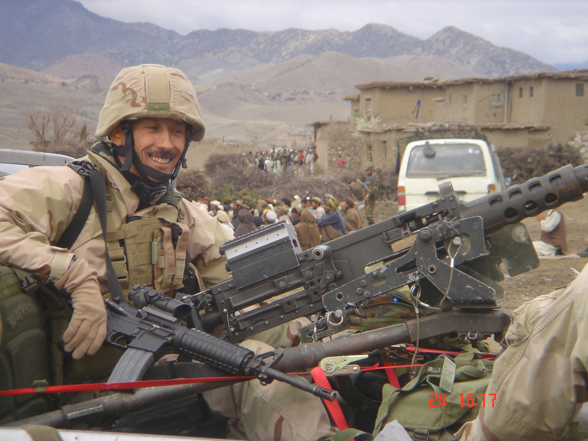 Chief Master Sgt. Mike Ramos, former Air Force Special Operations combat controller functional manager, mans a .50-caliber machine gun during one of his many deployments. Chief Ramos was recently awarded the Legion of Merit medal for his notable contributions to the combat controller career field, exceptional leadership and unyielding commitment to excellence.
Photo credit: Courtesy photo 

