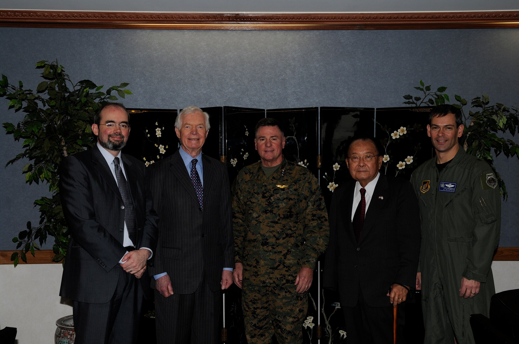 (From left to right) Consul General Raymond Greene, Mississippi Sen. Thad Cochran, Lt. Gen. Terry Robling, III Marine Expeditionary Force commander, Hawaii Sen. Dan Inouye and Brig. Gen. Ken Wilsbach pose for a photo Jan. 13. The senators stopped through Kadena during a visit to Okinawa.