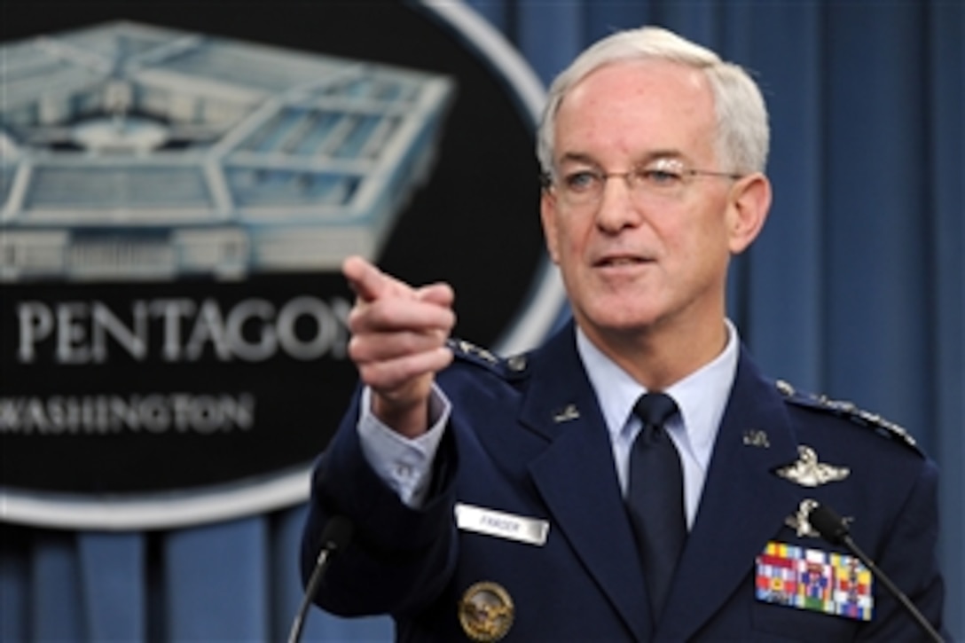 Commander of U.S. Southern Command Gen. Douglas Fraser, U.S. Air Force, conducts a press briefing in the Pentagon on Jan. 13, 2010.  Fraser briefed reporters on the steps the Department of Defense is implementing to assist the people of Haiti following the devastating earthquake on Jan. 12, 2010.  