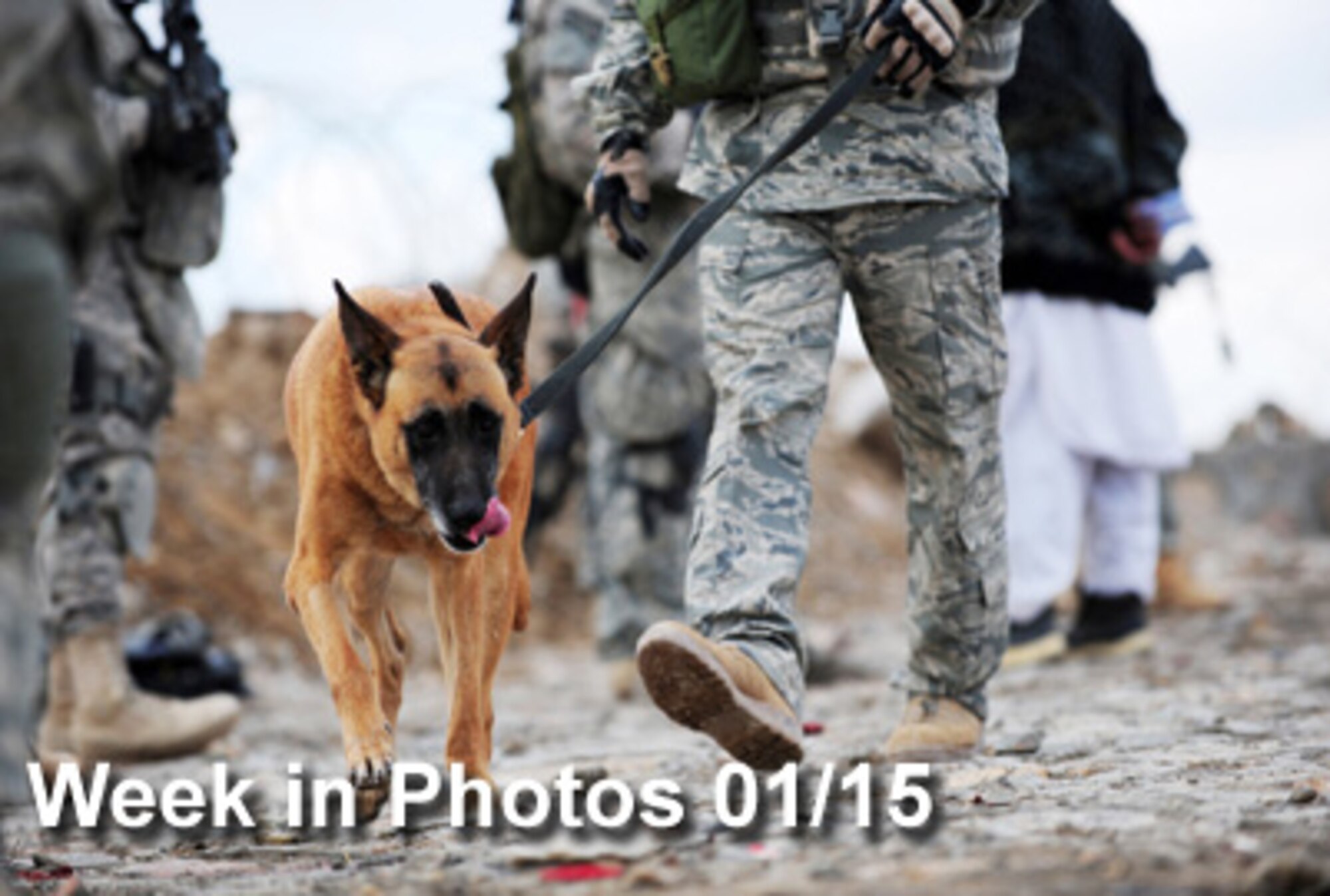Air Force Week in Photos for Jan. 15, 2010, highlights photos from around the Air Force. In this photo by Tech. Sgt. Francisco V. Govea II, Staff Sgt. James Rybacki and his military working dog Torca search for narcotics Jan. 3, 2010, at a checkpoint near Dabaray, Afghanistan. (U.S. Air Force photo illustration)