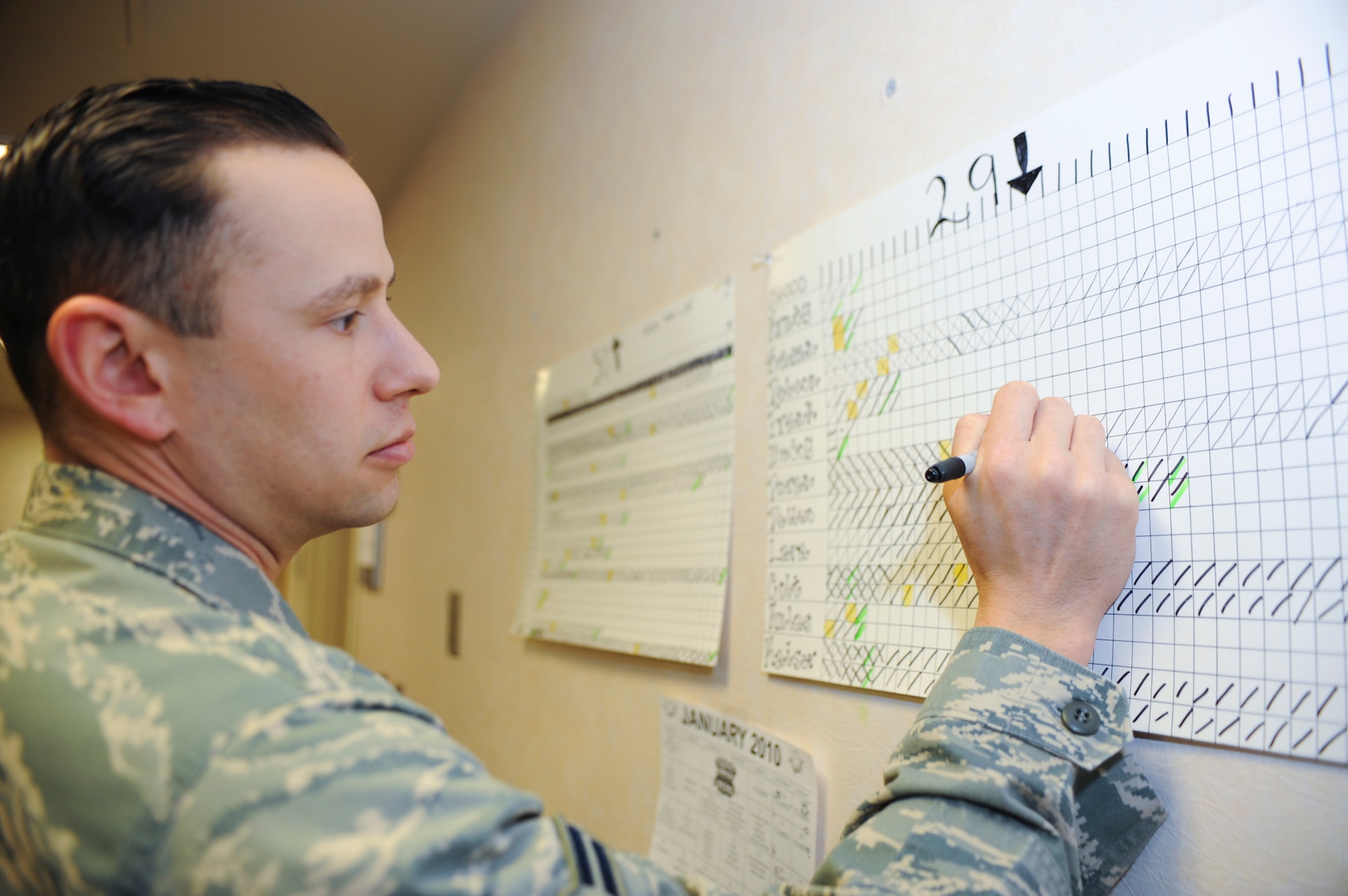 ELMENDORF AIR FORCE BASE, Alaska -- Airman 1st Class Josh Duran scratches a tally mark after he finishes another set of push-ups at the mental health clinic Jan. 13. Duran has completed more than 2,600 push-ups since the challenge began Dec. 15. Duran is a member of the 3rd Medical Operations Squadron Mental Health Flight. (Air Force photo by Senior Airman David Carbajal)
