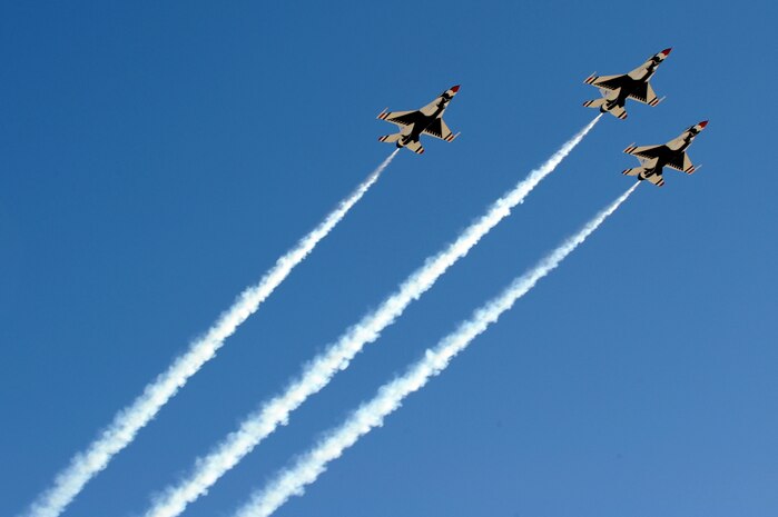 NELLIS AIR FORCE BASE, Nev.-- The U.S. Air Force Thunderbirds perform the missing man formation during the repatriation and funeral service for Major Russell C. Goodman.  Maj. Goodman served as the narrator for the U.S. Air Force Thunderbirds from 1964-65 and was declared Missing-In-Action after his aircraft was hit by a surface-to-air missile in Feb. 1967, while on a combat mission over North Vietnam.
(U.S. Air Force photo by Lawrence Crespo)