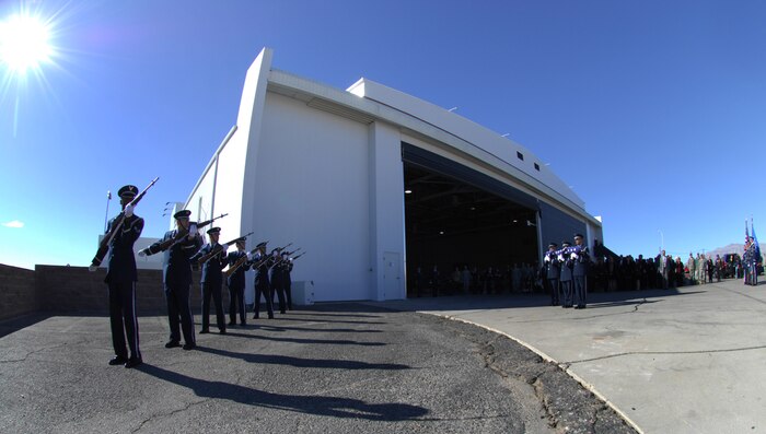 NELLIS AIR FORCE BASE, Nev.-- The Nellis  Honor Guard performs a 21 gun salute in honor of Major Russell Goodman outside the Thunderbird hanger, Jan. 14, 2010.  Maj. Goodman served as the narrator for the U.S. Air Force Thunderbirds from 1964-65 and was declared Missing-In-Action after his aircraft was hit by a surface-to-air missile in Feb. 1967, while on a combat mission over North Vietnam.
(U.S. Air Force Photo by Staff Sgt. William P. Coleman)
