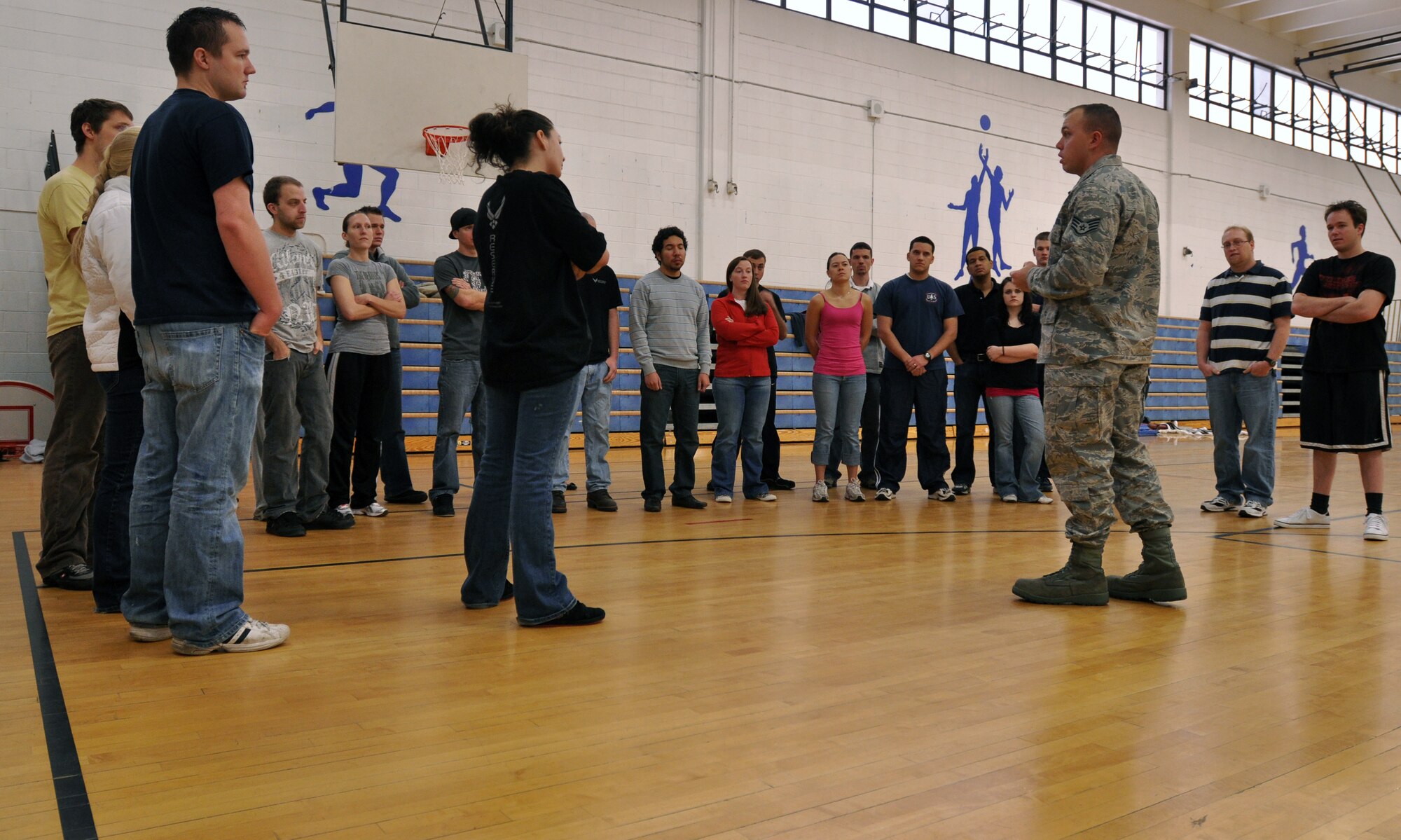 Staff Sgt. Dustin Ballingham, of the 419th Fighter Wing’s recruiting office, briefs members of the wing’s delayed enlistment program Saturday. Members in the DEP have enlisted in the Air Force Reserve and are waiting to leave for basic training, but they still meet monthly for training. (U.S. Air Force photo/ Staff Sgt. Kyle Brasier)