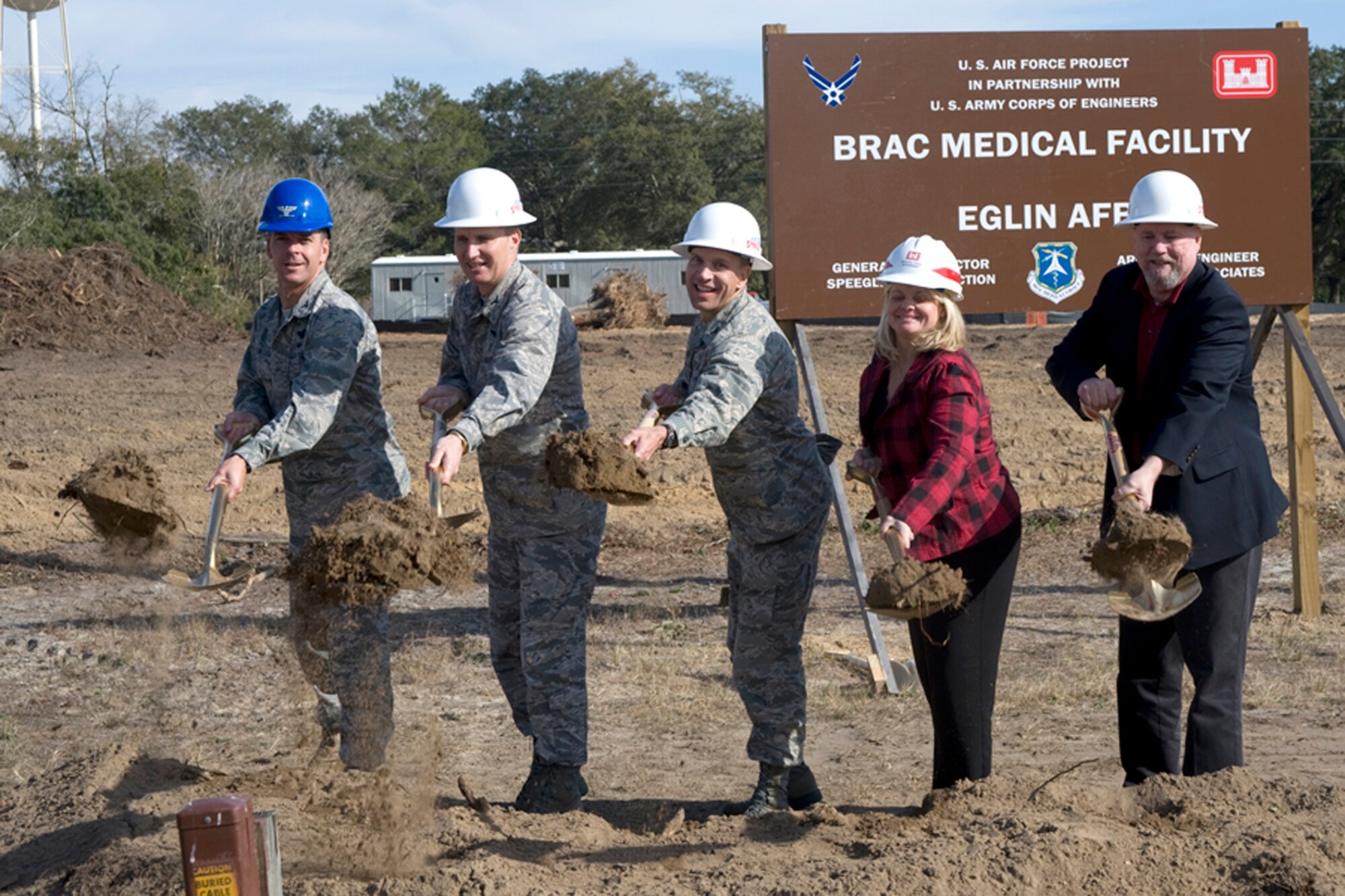 Ground was ceremonially broken during an event at the site of the new dental clinic at Eglin Air Force Base Jan. 14.  (Groundbreakers from left to right) Col. Bruce McClintock, 96th Air Base Wing commander, Col. Gary Walker, 96th Medical Group, Col. Douglas Curry, 96th Dental Squadron, Christine Buziak, Army Corps of Engineers and Chuck Mitchell, Speegle Construction.  The 31,000 square foot facility is scheduled to be completed in 2011.  (Photo by Deb Haussermann.)