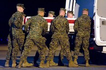 A U.S. Marine Corps team transfers the remains of Marine Corps Lance Cpl. Jacob A. Meinert, of Fort Atkinson, Wis., at Dover Air Force Base, Del., January 12. Lance Cpl. Meinert was assigned to 1st Battalion, 3rd Marine Regiment, 3rd Marine Division, III Marine Expeditionary Force, Kaneohe Bay, Hawaii. (U.S. Air Force photo/Roland Balik)