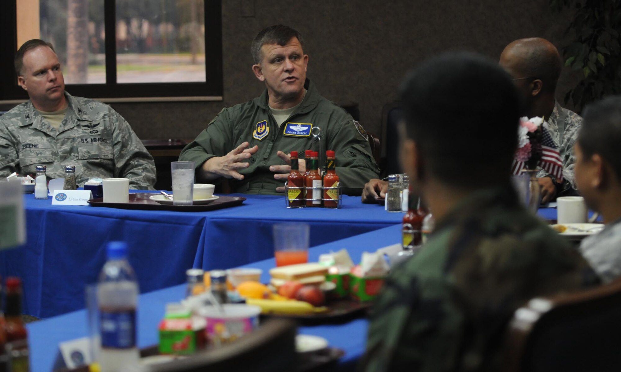 Lt. Gen. Frank Gorenc (center), 3rd Air Force commander, talks to Airmen about Air Force changes, as Col. Eric Beene (left), 39th Air Base Wing commander, looks on Thursday, Jan. 14, 2010 at Incirlik’s Sultan’s Inn dining facility.  General Gorenc ate breakfast with Airmen and answered questions they had.  This was General Gorenc’s first visit to Incirlik Air Base as the 3rd Air Force commander.  (U.S. Air Force photo/Senior Airman Ashley Wood)  