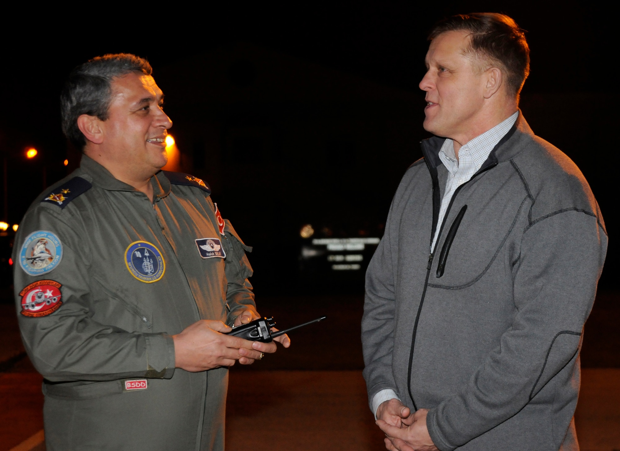 Turkish Air Force Brig. Gen. Haluk Selvi, 10th Tanker Base commander, Incirlik, and Lt. Gen. Frank Gorenc, 3rd Air Force commander speak upon General Gorenc’s arrival Wednesday, January 13, 2010 on at Incirlik Air Base, Turkey. This is General Gorenc’s first visit to Incirlik as 3rd AF commander. (U.S. Air Force photo/Airman 1st Class Amber Ashcraft)
