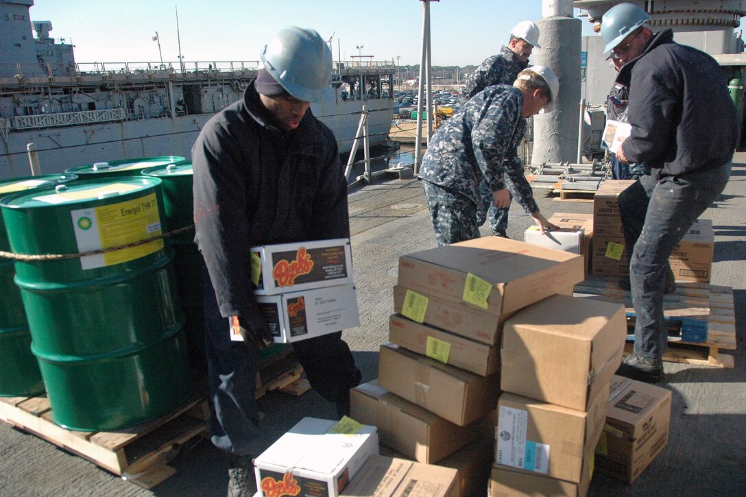 U.S. Navy sailors load supplies aboard the amphibious dock landing ship USS Fort McHenry in Little Creek, Va., Jan. 13, 2010, to aid the people of Haiti. The Fort McHenry will join several Navy vessels are underway to render humanitarian assistance after a 7.0 magnitude earthquake struck the Caribbean nation. 