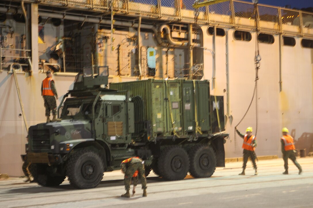 Working deep into the night at the port at Morehead City, N.C., embarkation specialists from Combat Logistics Battalion 22 prepare to hoist a cargo-laden truck onto one of three amphibious assault ships that will carry the 22nd Marine Expeditionary Unit to Haiti, Jan. 15, 2010.  The 22nd MEU will deploy to the earthquake-ravaged Caribbean nation to conduct sea-based humanitarian assisstance and disaster relief.