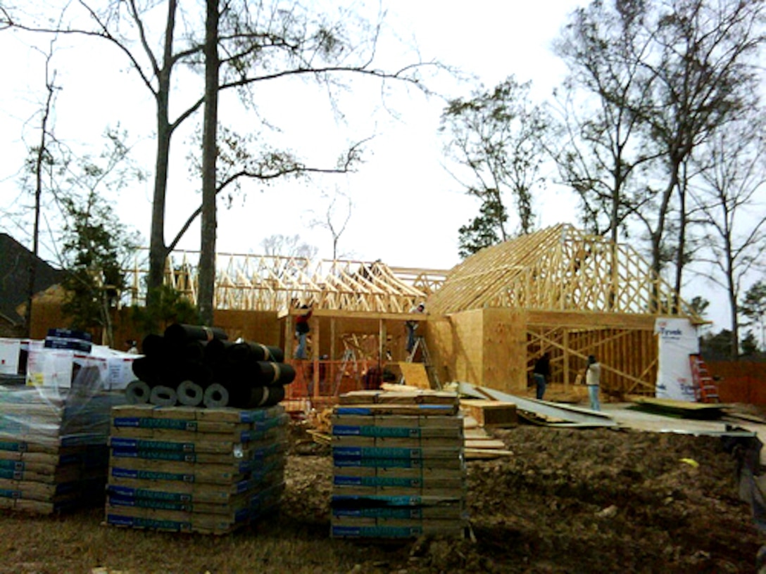 The house,slated to be completed in four to six months, being built the non-profit organization Homes for Our Troops for Petty Officer 2nd Class Anthony Thompson, a hospital corpsman formerly with 2nd Battalion, 7th Marine Regiment, stands two days into the  three-day 'Build Brigade' project Jan. 8 in Houston. Thompson was seriously wounded by a vehicle-borne improvised explosive device during his second deployment to Iraq in 2007 with 2nd Bn., 7th Marines. Homes for Our Troops focuses on building specialized homes for seriously injured veterans at no cost to the veterans and their families.