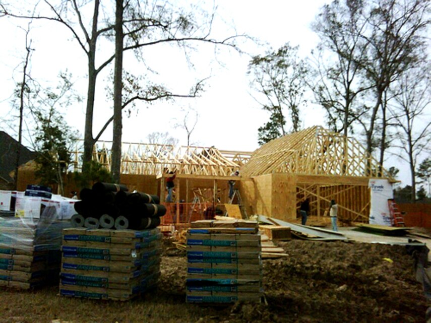 The house,slated to be completed in four to six months, being built the non-profit organization Homes for Our Troops for Petty Officer 2nd Class Anthony Thompson, a hospital corpsman formerly with 2nd Battalion, 7th Marine Regiment, stands two days into the  three-day 'Build Brigade' project Jan. 8 in Houston. Thompson was seriously wounded by a vehicle-borne improvised explosive device during his second deployment to Iraq in 2007 with 2nd Bn., 7th Marines. Homes for Our Troops focuses on building specialized homes for seriously injured veterans at no cost to the veterans and their families.