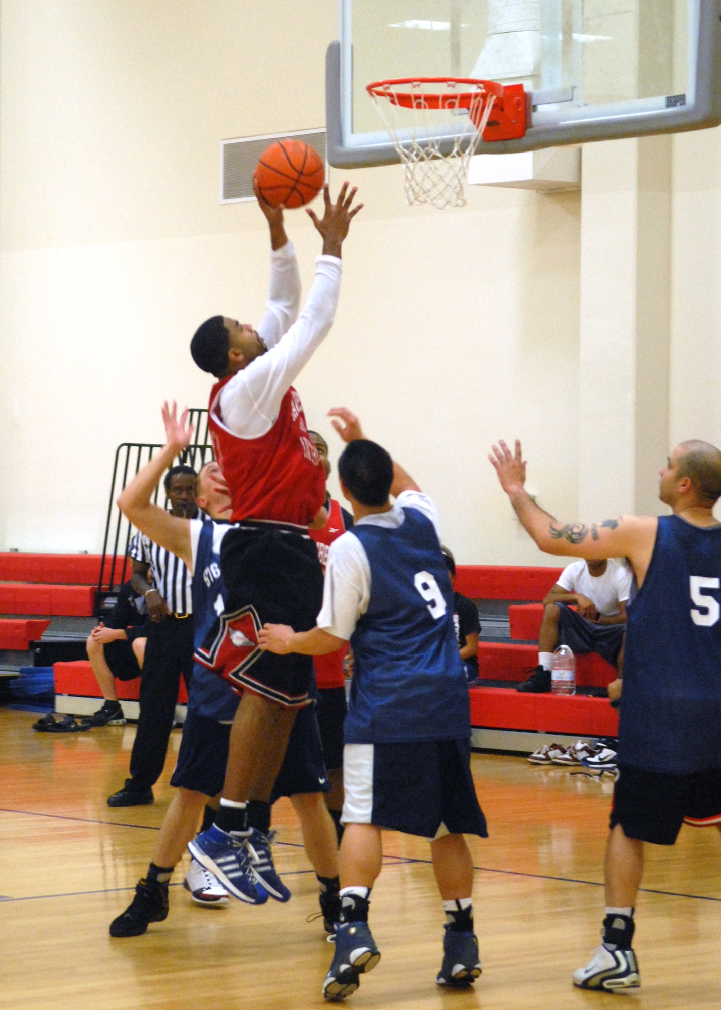 VANDENBERG AIR FORCE BASE, Calif. - Playing for the 30th Medical Group team, Joel Smith, led the game in scoring with 24 points here Wednesday, Jan. 13, 2010. Kicking off the intramural basketball season the 30th Medical Group beat the 576th Flight Test Squadron 77-40. (U.S. Air Force photo/ Airman 1st Class Angelina Drake)
